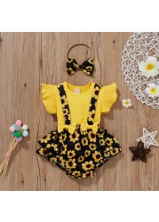 Newborn Baby Girls Clothes Sets Toddler Girls Outfits Ruffle Sleeve T-shirt Suspenders Pants Headband 3pcs Outfit Set Toddler 0-18M