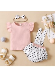 Newborn Baby Girls Clothes Sets Toddler Girls Outfits Ruffle Sleeve T-shirt Suspenders Pants Headband 3pcs Outfit Set Toddler 0-18M