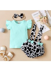 Newborn Baby Girls Clothes Sets Toddler Girls Outfits Ruffle Sleeve T-shirt Suspenders Pants Headband 3pcs Outfit Set Toddler 0-18M