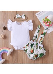 Newborn Baby Girls Clothes Sets Toddler Girls Outfits Ruffle Sleeve T-shirt Suspenders Pants Headband 3pcs Outfit Set Toddler 0-18M