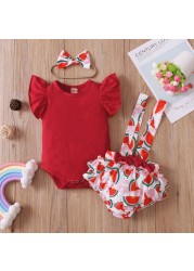 Newborn Baby Girls Clothes Sets Toddler Girls Outfits Ruffle Sleeve T-shirt Suspenders Pants Headband 3pcs Outfit Set Toddler 0-18M