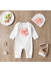 Newborn Baby Long Sleeve Romper 3D Floral Baby Onesie Jumpsuit Newborn Baby Clothes Set Hat Clothes Set