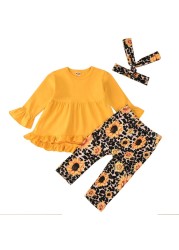 0~4 Years Autumn Spring Baby Kids Baby Girls Clothes Sets Tracksuits Long Sleeve Ruffle Floral Tops Pants Headwear 3pcs Outfits