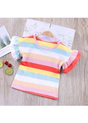 Girls Striped T-Shirt 2021 New Korean Baby Fashion Rainbow Shirts With Ruffle Sleeves Children All-match Tees 12M-8T JYF