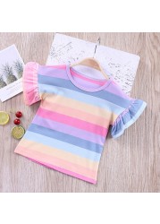 Girls Striped T-Shirt 2021 New Korean Baby Fashion Rainbow Shirts With Ruffle Sleeves Children All-match Tees 12M-8T JYF