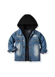 Kids Boys Girls Denim Hooded Jackets Casual Fake Two Jacket Coat Children Cowboy Zipper Outerwear JYF