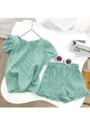 Menoea 2-Pieces Fashion Children's Clothing Sets New Summer Baby Girls Plaid Suspenders Vest Shorts Suits Kids Outfits