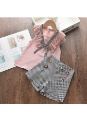 Menoea 2-Pieces Fashion Children's Clothing Sets New Summer Baby Girls Plaid Suspenders Vest Shorts Suits Kids Outfits