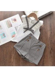 Menoea 2-Pieces Fashion Children's Clothing Sets New Summer Baby Girls Plaid Suspenders Vest Shorts Suits Kids Outfits