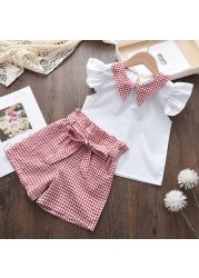 Menoea 2-Pieces Fashion Children's Clothing Sets New Summer Baby Girls Plaid Suspenders Vest Shorts Suits Kids Outfits