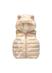 Baby Boy Winter Down Vest Cute Ear Hooded Puffer Vest Cartoon Lightweight Waistcoat Vest For Baby Girls Boys 6M-6Y