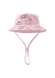 Boys Girls Spring Summer Cotton Hat Baby Dinosaur Bucket Bap Baby Cartoon Hat Adjustable Lace Up Sunshade Hat