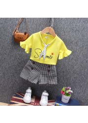 Girl Summer Clothes Set Letter Printed Petal Sleeve T-shirt + Check Short Pants 2 Pieces Suit With Point Necktie For Kids 12M-4Y JYF