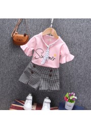 Girl Summer Clothes Set Letter Printed Petal Sleeve T-shirt + Check Short Pants 2 Pieces Suit With Point Necktie For Kids 12M-4Y JYF