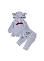 Cartoon Velvet Tracksuit Eear Ruffle Kids Children Clothing Set Autumn Winter Girls Baby Costume 2pcs Suit