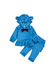 Cartoon Velvet Tracksuit Eear Ruffle Kids Children Clothing Set Autumn Winter Girls Baby Costume 2pcs Suit