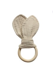Baby Wooden Hand Grasp Soft Toy Cotton Cute Rabbit Ears Teether Bracelet Rattle