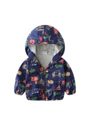 Spring Autumn Kids Clothes Boys Jackets Children Hooded Zipper Windbreaker Toddler Boys Car Dinosaur Waterproof Hoodies for Boys