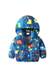 Spring Autumn Kids Clothes Boys Jackets Children Hooded Zipper Windbreaker Toddler Boys Car Dinosaur Waterproof Hoodies for Boys