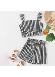 Baby Girl Clothes Set Summer Baby Cotton Striped Print Short Sleeve Suspenders T-shirt + Ruffle Short Pants 2pcs Kids Outfit