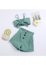 1-6y Infant Kids Baby Girls 2pcs Fashion Summer Clothes Set Bowknot Solid Crop Tops Vest Shorts Pants Outfits