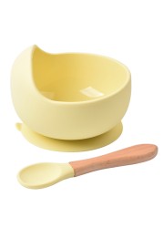 Baby Silicone Bowl Feeding Tableware Children Suction Bowl Plate Wooden Handle Silicone Spoon Dish Set For Baby Kitchen Utensils