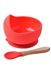 Baby Silicone Bowl Feeding Tableware Children Suction Bowl Plate Wooden Handle Silicone Spoon Dish Set For Baby Kitchen Utensils