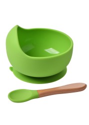 Baby Silicone Bowl Feeding Tableware Children Suction Bowl Plate Wooden Handle Silicone Spoon Dish Set For Baby Kitchen Utensils