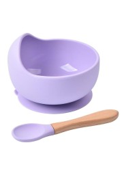 Baby Silicone Bowl Feeding Tableware Children Suction Bowl Plate Wooden Handle Silicone Spoon Dish Set For Baby Kitchen Utensils