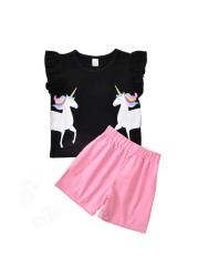 For 1-6 Years Girls Unicorn Outfit Clothes Summer Top Short Pants Kids Clothes 2pcs Baby Costume Children