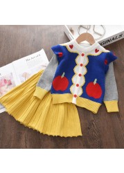 Menoea Christmas Girls Clothes Sets For Kids Knitted Winter Dots T-shirts Skirt 2pcs Suits Ruffles Christmas Vestidos Children Clothes