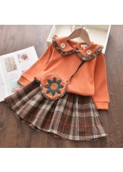 Menoea Christmas Girls Clothes Sets For Kids Knitted Winter Dots T-shirts Skirt 2pcs Suits Ruffles Christmas Vestidos Children Clothes