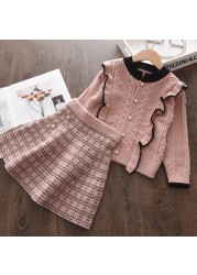 Menoea Christmas Girls Clothes Sets For Kids Knitted Winter Dots T-shirts Skirt 2pcs Suits Ruffles Christmas Vestidos Children Clothes