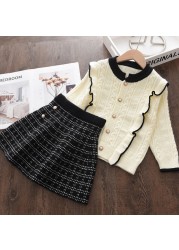 Menoea Christmas Girls Clothes Sets For Kids Knitted Winter Dots T-shirts Skirt 2pcs Suits Ruffles Christmas Vestidos Children Clothes