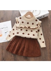 Menoea Christmas Girls Clothes Sets For Kids Knitted Winter Dots T-shirts Skirt 2pcs Suits Ruffles Christmas Vestidos Children Clothes