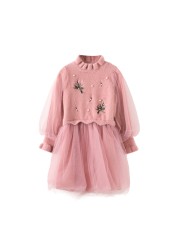 WKPK New Spring Autumn Girls Dress Leisure Fashion Children Clothes Pearl Long Sleeve Children Dresses Comfortable Soft Gauze Skirt