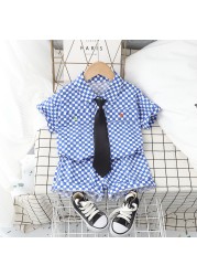 Summer cotton baby boy clothing sets infant birthday formal plaid shirt shorts 2pcs/set causal with tie tracksuit