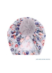 67JC Cute Faux Fur Ball Baby Kids Turban Hat Floral Print Infant Headdress