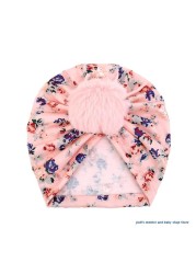 67JC Cute Faux Fur Ball Baby Kids Turban Hat Floral Print Infant Headdress