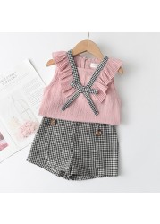 Pink Girls Set with Lapel and Shorts Baby Clothes 2-6T Polka Dot Design Fashion Outfit New Summer 2021