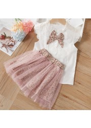 Girls clothes set 2022 new summer sleeveless T-shirt and print bow shorts for girl kids clothes children clothing 3 5 7 years