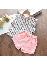 Girls clothes set 2022 new summer sleeveless T-shirt and print bow shorts for girl kids clothes children clothing 3 5 7 years