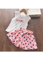 2022 Summer New Kids Clothes Fruit Print Casual Girls Clothing Set + Pants 2 Pack Fashion Ribbon Bow Set Toddler Clothing