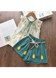 2022 Summer New Kids Clothes Fruit Print Casual Girls Clothing Set + Pants 2 Pack Fashion Ribbon Bow Set Toddler Clothing