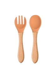 2pcs silicone tips baby feeding training spoon and fork set with wooden handle