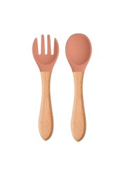 2pcs silicone tips baby feeding training spoon and fork set with wooden handle