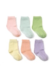 Boys and Girls 6 Pairs Socks 0-6 Years, Cotton, Kids, Non Slip, Short Cut, Elastic Grips, Four Seasons