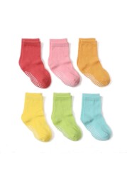 Boys and Girls 6 Pairs Socks 0-6 Years, Cotton, Kids, Non Slip, Short Cut, Elastic Grips, Four Seasons