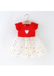 Summer Floral Ruffle Dress Toddler Baby Girls Floral Sleeve Heart Floral Print Dresses Sequins Tulle Princess Dress Party Dress