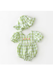 Newborn Baby Girl Clothes Plaid Puff Sleeve Floral Jumpsuit Cute Cartoon Bear Embroidery Cotton Bib With Hat Outfits